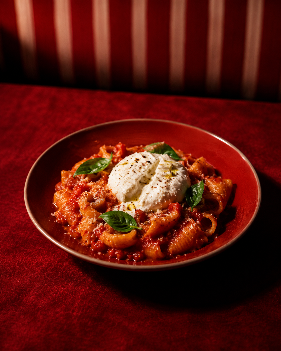 Rigatoni in tomato sauce with burrata and basil at Tomato