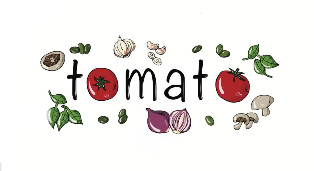 Illustrated Tomato restaurant logo with tomatoes, basil, mushrooms, olives, garlic, and onions